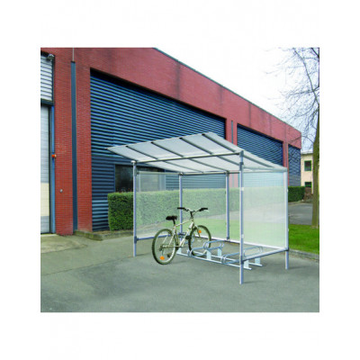 Exemple d’application : abri cycles + 2 bardages latéraux + 1 bardage de fond (2 éléments) + 1 support cycles