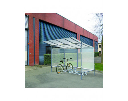 Exemple d’application : abri cycles + 2 bardages latéraux + 1 bardage de fond (2 éléments) + 1 support cycles